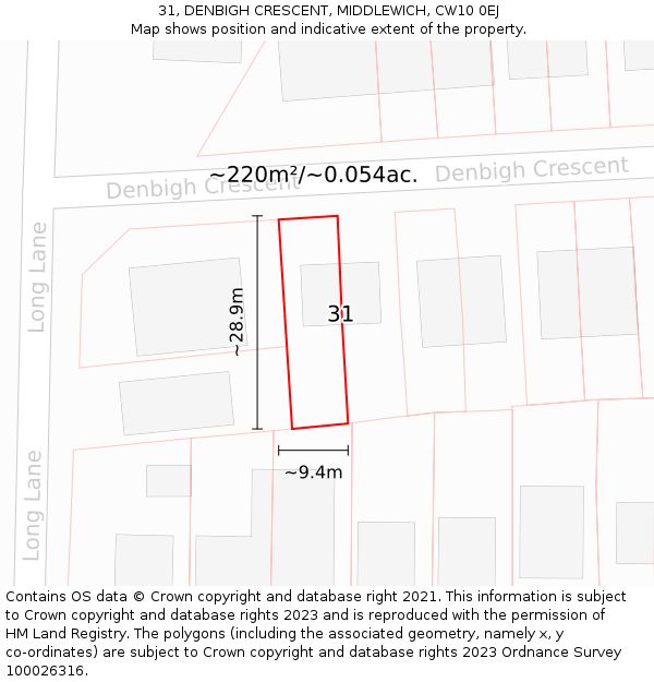 31, DENBIGH CRESCENT, MIDDLEWICH, CW10 0EJ: Plot and title map