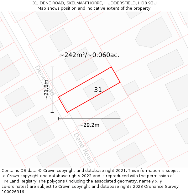 31, DENE ROAD, SKELMANTHORPE, HUDDERSFIELD, HD8 9BU: Plot and title map