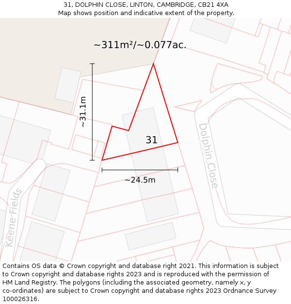 31, DOLPHIN CLOSE, LINTON, CAMBRIDGE, CB21 4XA: Plot and title map