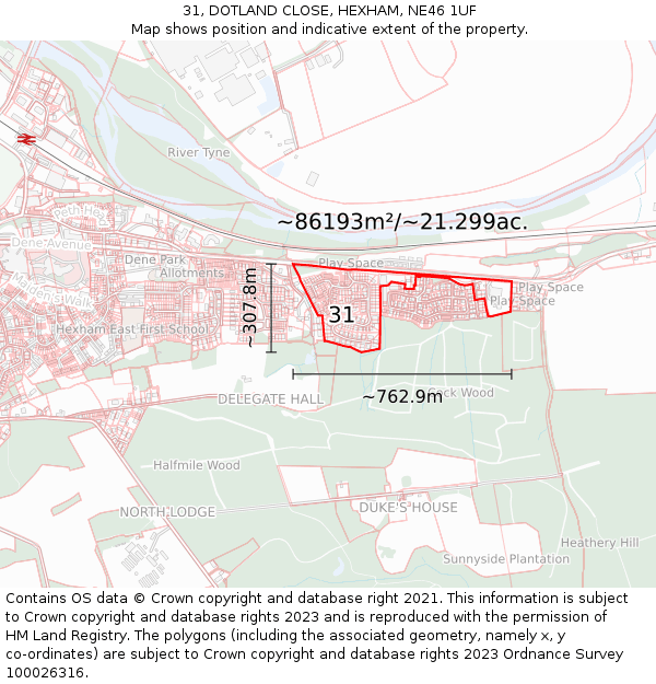 31, DOTLAND CLOSE, HEXHAM, NE46 1UF: Plot and title map