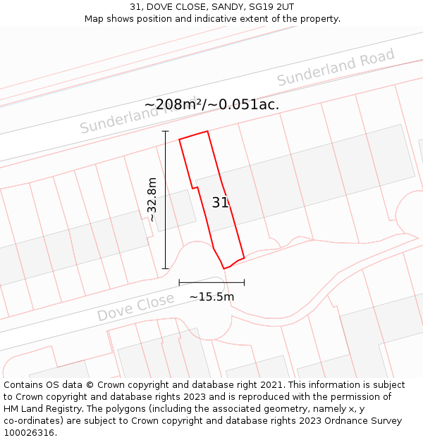 31, DOVE CLOSE, SANDY, SG19 2UT: Plot and title map