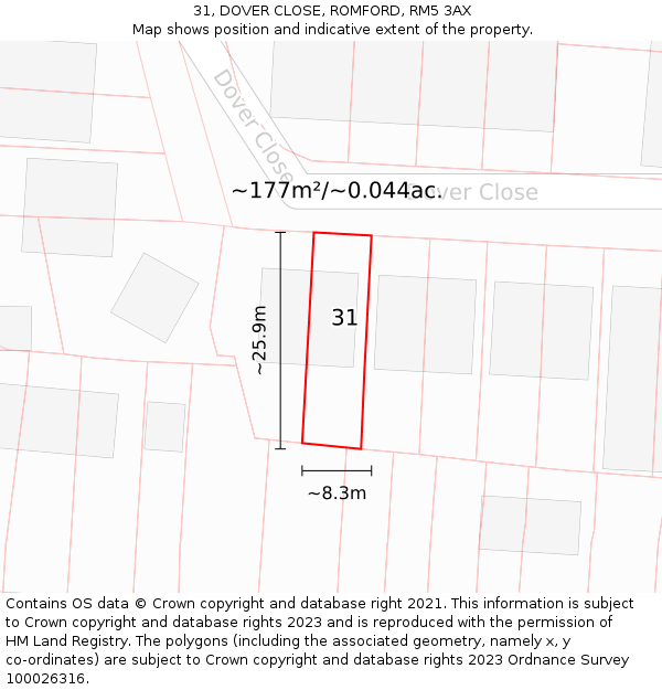31, DOVER CLOSE, ROMFORD, RM5 3AX: Plot and title map
