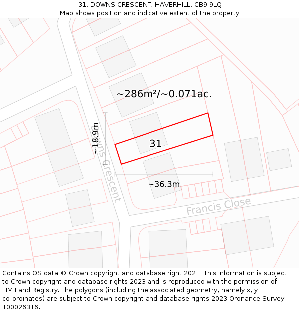 31, DOWNS CRESCENT, HAVERHILL, CB9 9LQ: Plot and title map