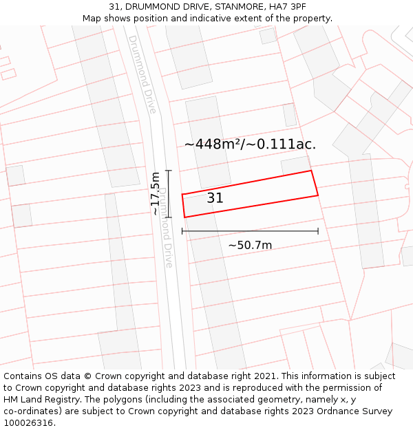 31, DRUMMOND DRIVE, STANMORE, HA7 3PF: Plot and title map