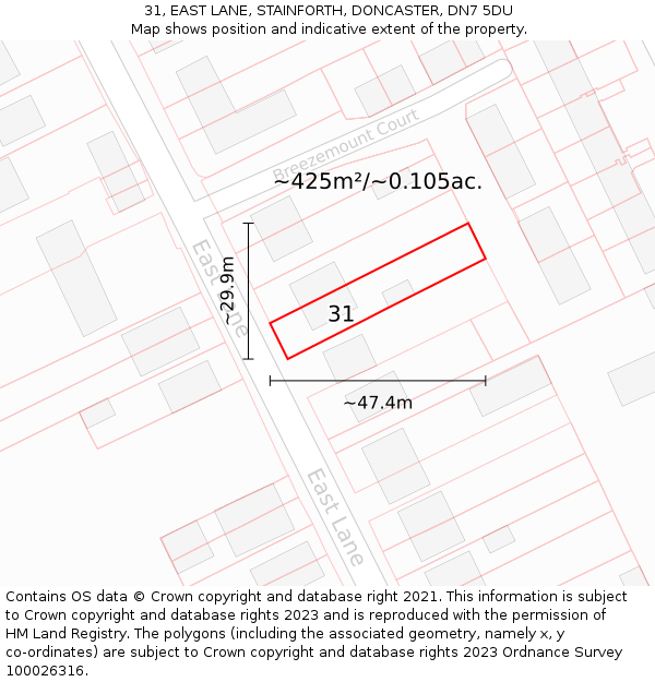 31, EAST LANE, STAINFORTH, DONCASTER, DN7 5DU: Plot and title map