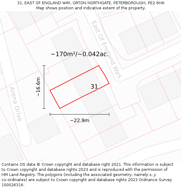 31, EAST OF ENGLAND WAY, ORTON NORTHGATE, PETERBOROUGH, PE2 6HA: Plot and title map