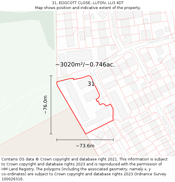 31, EDGCOTT CLOSE, LUTON, LU3 4DT: Plot and title map
