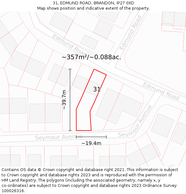31, EDMUND ROAD, BRANDON, IP27 0XD: Plot and title map
