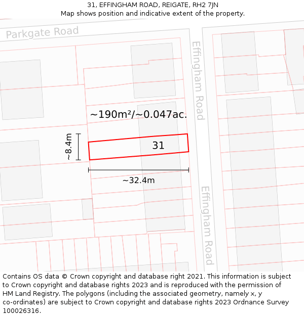 31, EFFINGHAM ROAD, REIGATE, RH2 7JN: Plot and title map
