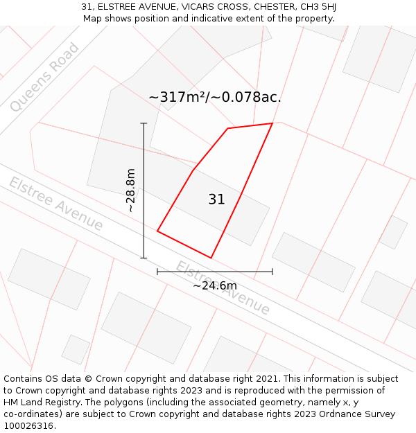 31, ELSTREE AVENUE, VICARS CROSS, CHESTER, CH3 5HJ: Plot and title map