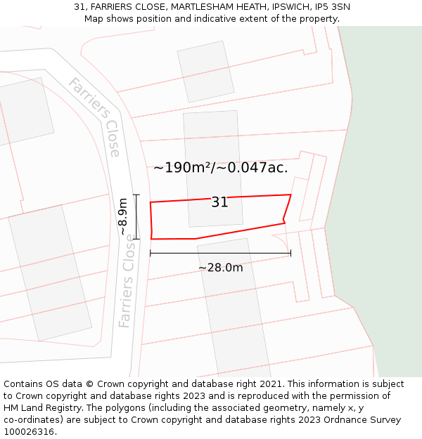 31, FARRIERS CLOSE, MARTLESHAM HEATH, IPSWICH, IP5 3SN: Plot and title map