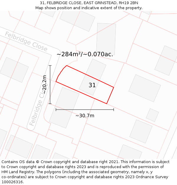 31, FELBRIDGE CLOSE, EAST GRINSTEAD, RH19 2BN: Plot and title map