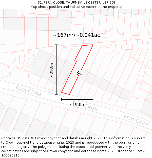 31, FERN CLOSE, THURNBY, LEICESTER, LE7 9QJ: Plot and title map