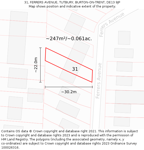 31, FERRERS AVENUE, TUTBURY, BURTON-ON-TRENT, DE13 9JP: Plot and title map