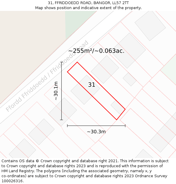 31, FFRIDDOEDD ROAD, BANGOR, LL57 2TT: Plot and title map