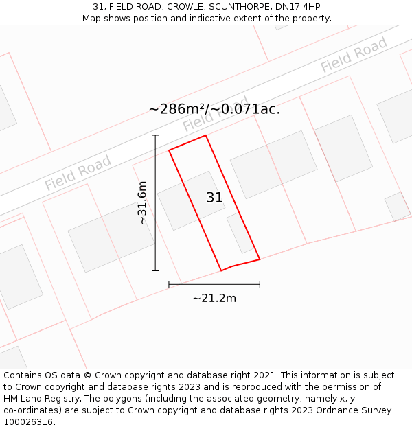 31, FIELD ROAD, CROWLE, SCUNTHORPE, DN17 4HP: Plot and title map