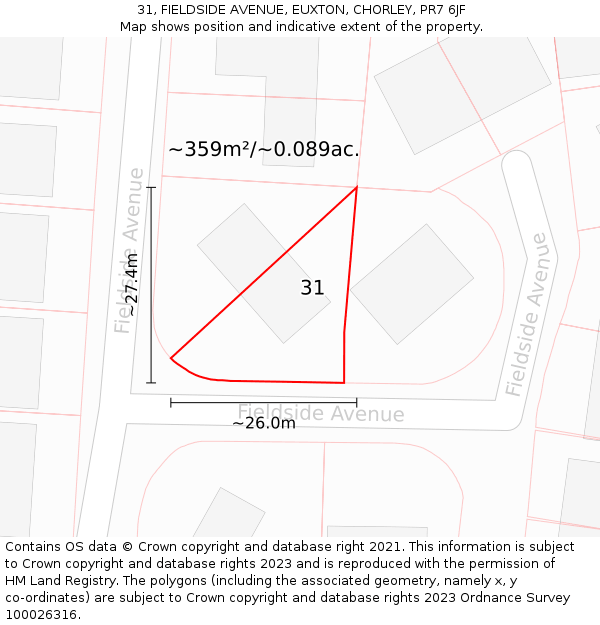 31, FIELDSIDE AVENUE, EUXTON, CHORLEY, PR7 6JF: Plot and title map