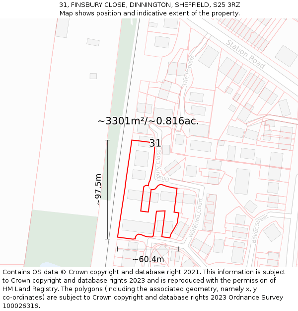 31, FINSBURY CLOSE, DINNINGTON, SHEFFIELD, S25 3RZ: Plot and title map