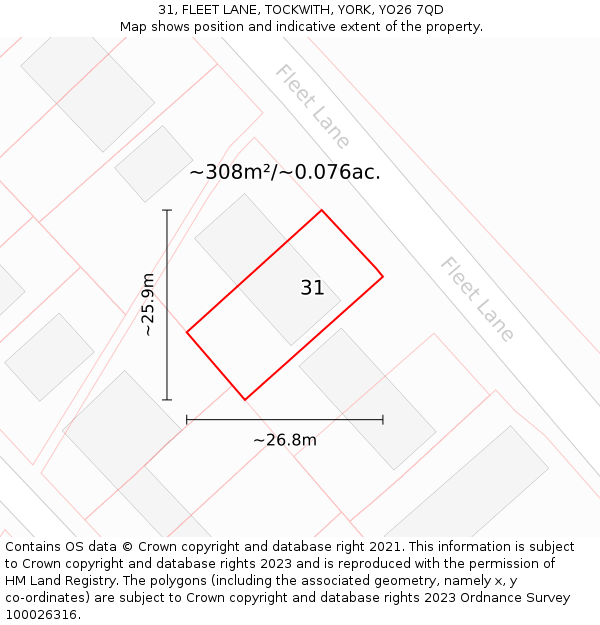 31, FLEET LANE, TOCKWITH, YORK, YO26 7QD: Plot and title map