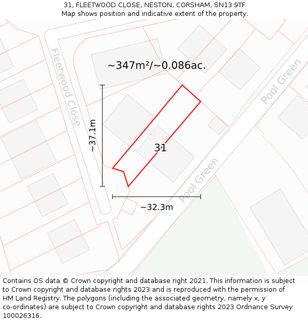 31, FLEETWOOD CLOSE, NESTON, CORSHAM, SN13 9TF: Plot and title map