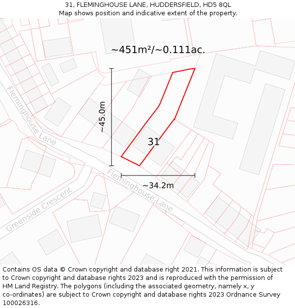 31, FLEMINGHOUSE LANE, HUDDERSFIELD, HD5 8QL: Plot and title map