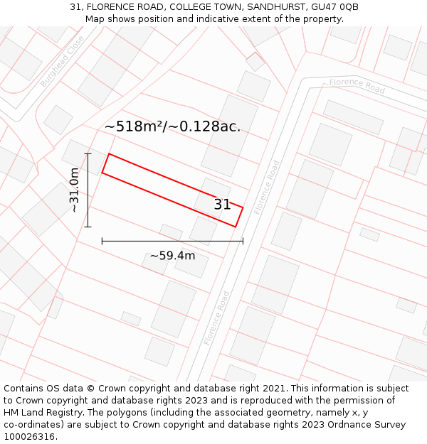 31, FLORENCE ROAD, COLLEGE TOWN, SANDHURST, GU47 0QB: Plot and title map