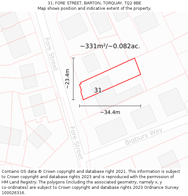 31, FORE STREET, BARTON, TORQUAY, TQ2 8BE: Plot and title map