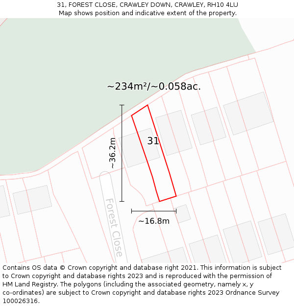 31, FOREST CLOSE, CRAWLEY DOWN, CRAWLEY, RH10 4LU: Plot and title map