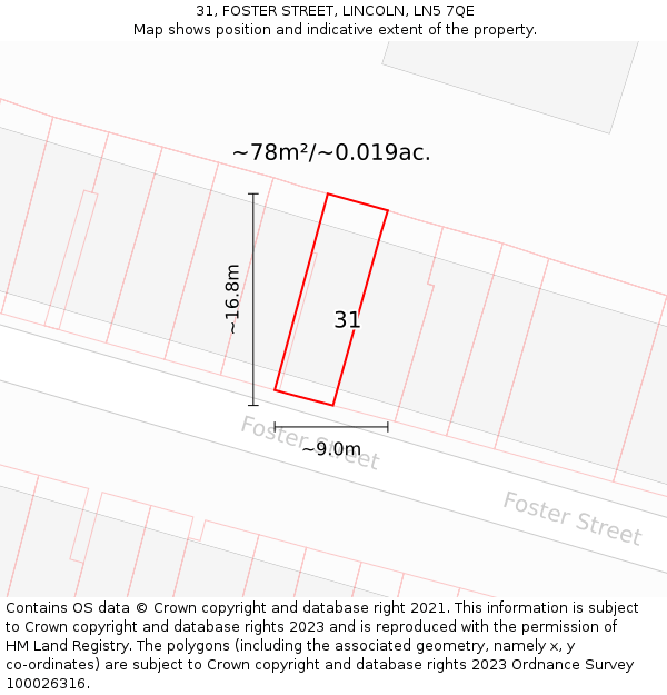 31, FOSTER STREET, LINCOLN, LN5 7QE: Plot and title map