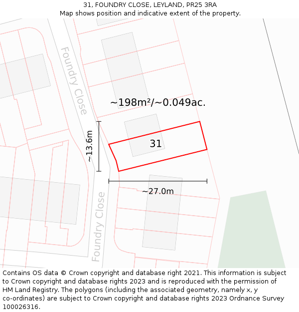 31, FOUNDRY CLOSE, LEYLAND, PR25 3RA: Plot and title map