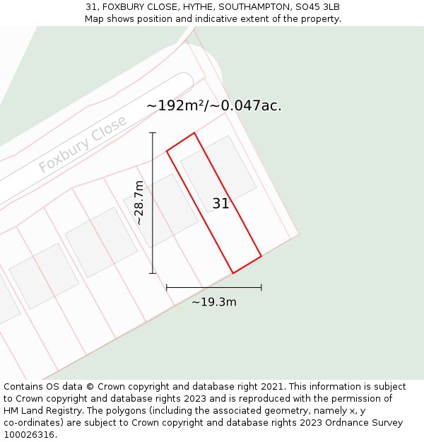 31, FOXBURY CLOSE, HYTHE, SOUTHAMPTON, SO45 3LB: Plot and title map