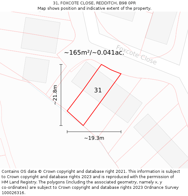 31, FOXCOTE CLOSE, REDDITCH, B98 0PR: Plot and title map