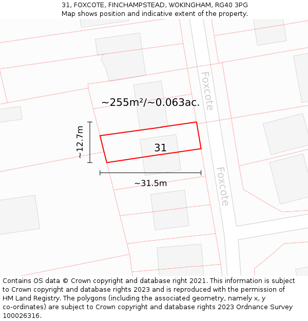 31, FOXCOTE, FINCHAMPSTEAD, WOKINGHAM, RG40 3PG: Plot and title map