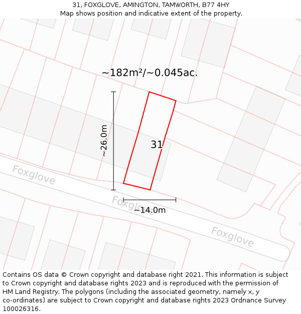 31, FOXGLOVE, AMINGTON, TAMWORTH, B77 4HY: Plot and title map