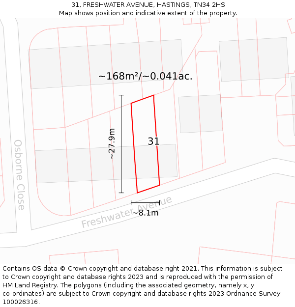 31, FRESHWATER AVENUE, HASTINGS, TN34 2HS: Plot and title map