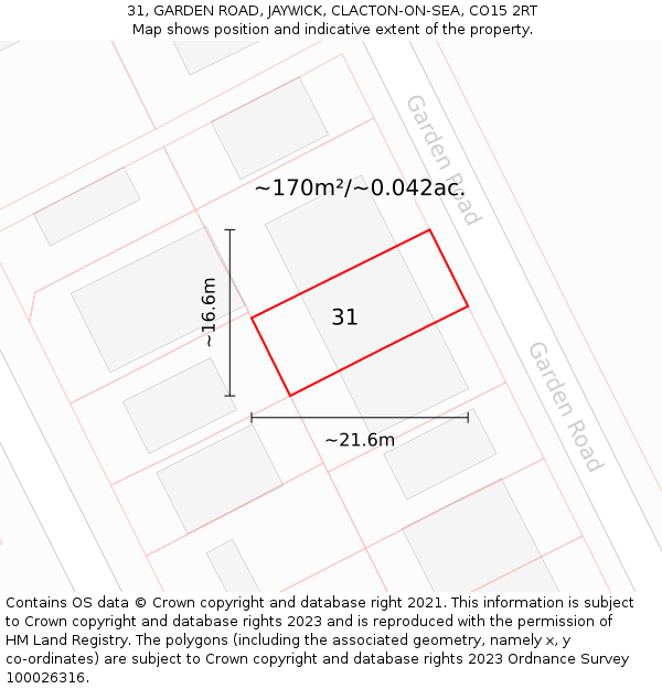 31, GARDEN ROAD, JAYWICK, CLACTON-ON-SEA, CO15 2RT: Plot and title map