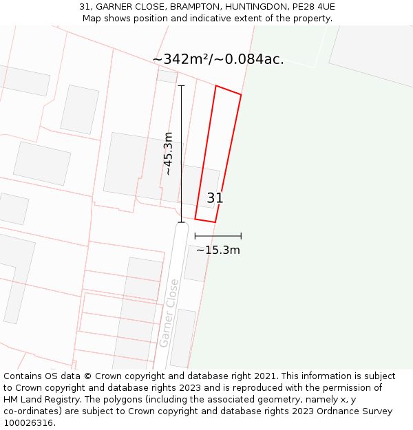 31, GARNER CLOSE, BRAMPTON, HUNTINGDON, PE28 4UE: Plot and title map