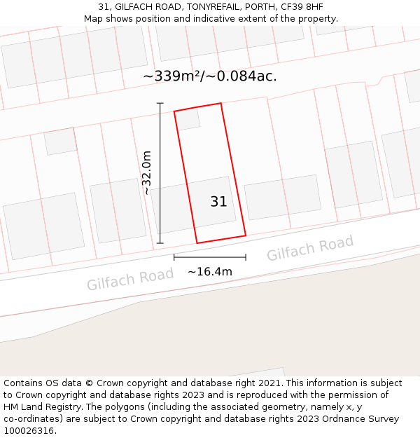 31, GILFACH ROAD, TONYREFAIL, PORTH, CF39 8HF: Plot and title map