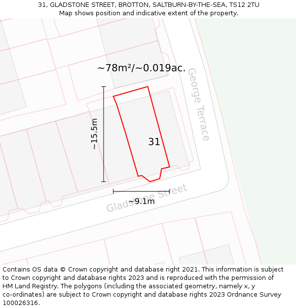 31, GLADSTONE STREET, BROTTON, SALTBURN-BY-THE-SEA, TS12 2TU: Plot and title map