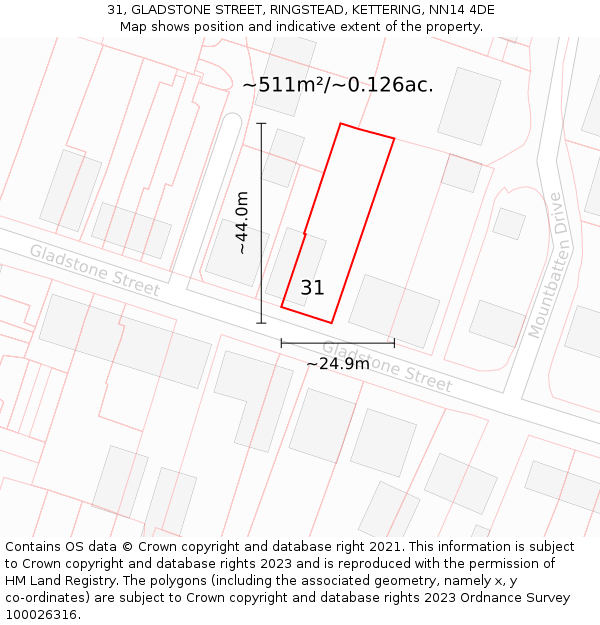 31, GLADSTONE STREET, RINGSTEAD, KETTERING, NN14 4DE: Plot and title map