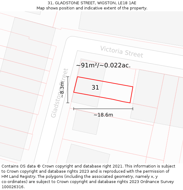 31, GLADSTONE STREET, WIGSTON, LE18 1AE: Plot and title map