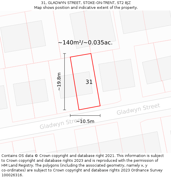 31, GLADWYN STREET, STOKE-ON-TRENT, ST2 8JZ: Plot and title map