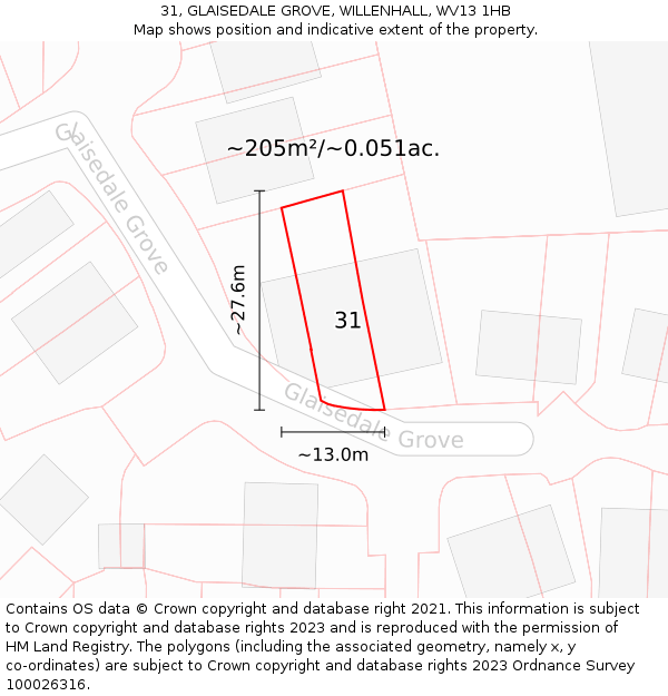 31, GLAISEDALE GROVE, WILLENHALL, WV13 1HB: Plot and title map