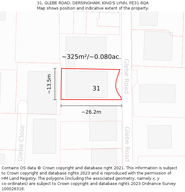 31, GLEBE ROAD, DERSINGHAM, KING'S LYNN, PE31 6QA: Plot and title map