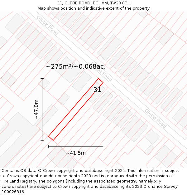 31, GLEBE ROAD, EGHAM, TW20 8BU: Plot and title map