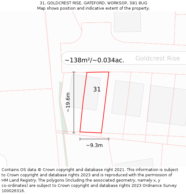 31, GOLDCREST RISE, GATEFORD, WORKSOP, S81 8UG: Plot and title map