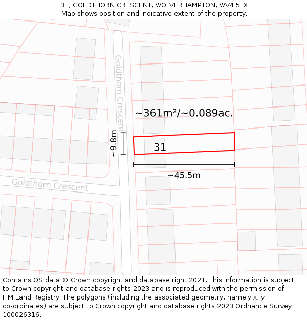 31, GOLDTHORN CRESCENT, WOLVERHAMPTON, WV4 5TX: Plot and title map