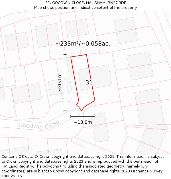 31, GOODWIN CLOSE, HAILSHAM, BN27 3DE: Plot and title map