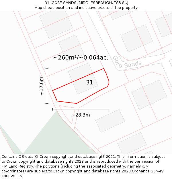 31, GORE SANDS, MIDDLESBROUGH, TS5 8UJ: Plot and title map