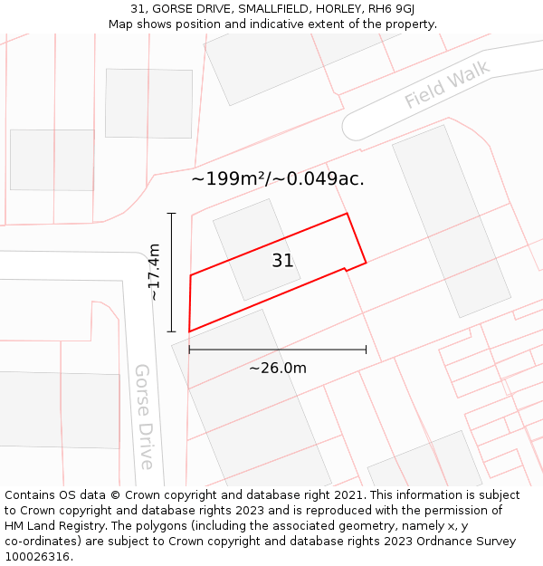 31, GORSE DRIVE, SMALLFIELD, HORLEY, RH6 9GJ: Plot and title map